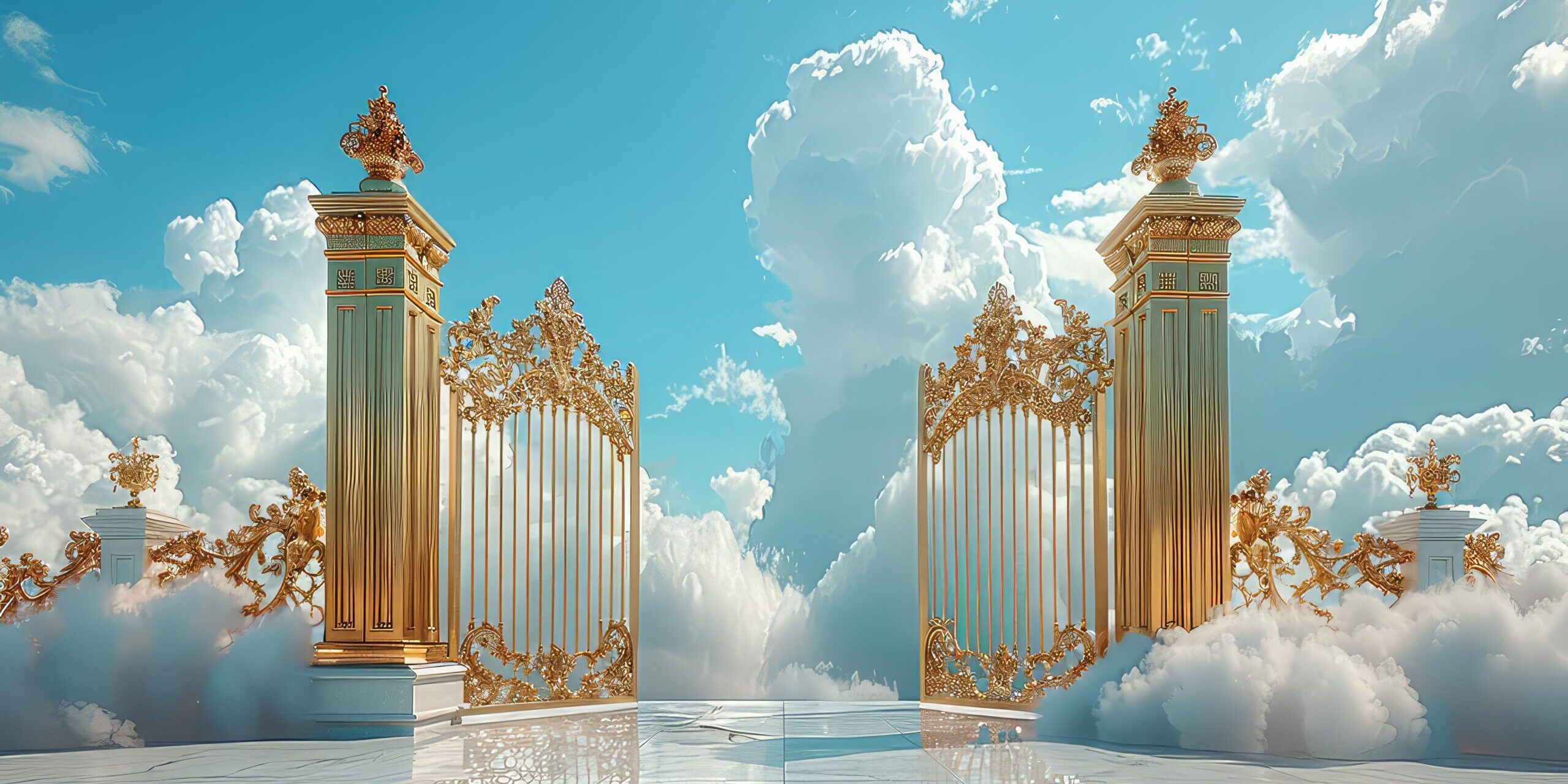 Open golden gates of Paradise against white clouds. Entrance to the afterlife for the righteous.