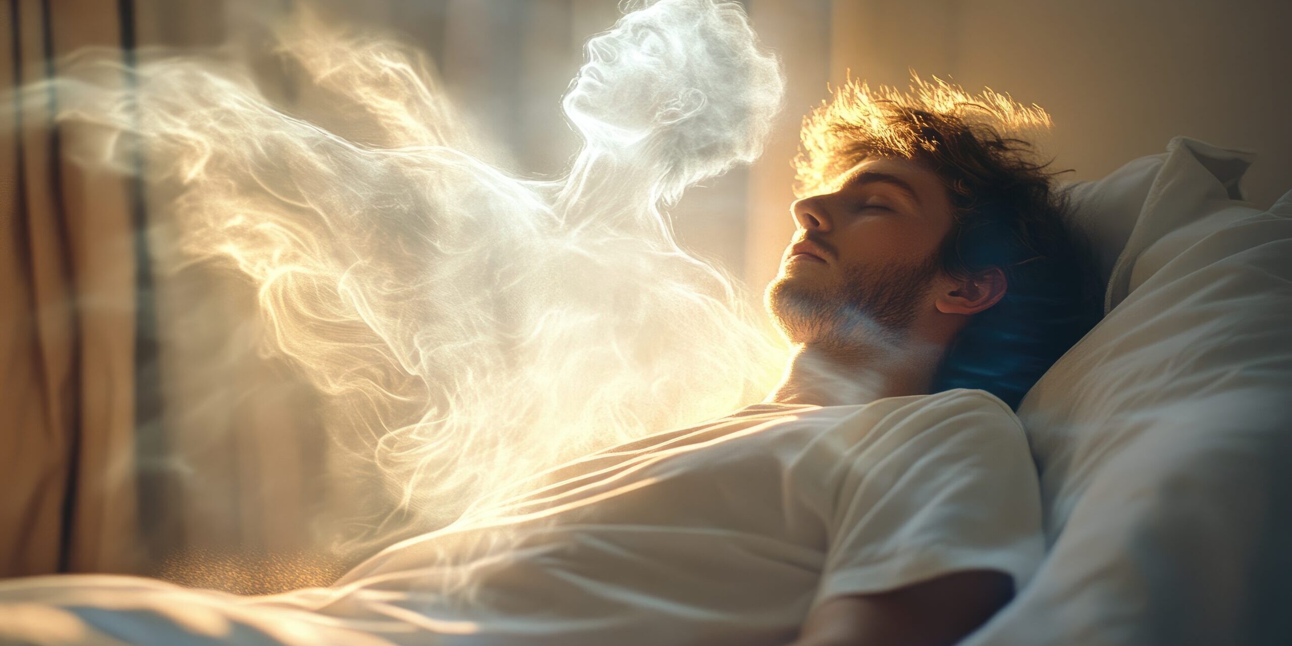 Final release: The soul’s ascent from the earthly vessel, encountering celestial beings in a transcendent encounter with angels, capturing the essence of death and the spiritual realm.