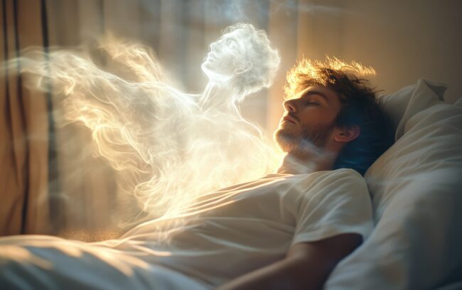 Final release: The soul’s ascent from the earthly vessel, encountering celestial beings in a transcendent encounter with angels, capturing the essence of death and the spiritual realm.