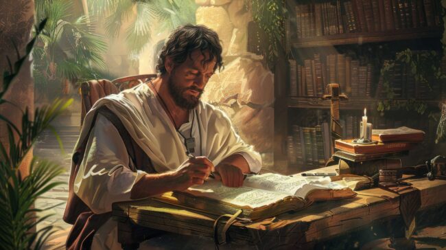 Apostle John on Patmos, Inspired by the Holy Spirit, Writes Revelation (Generative AI)