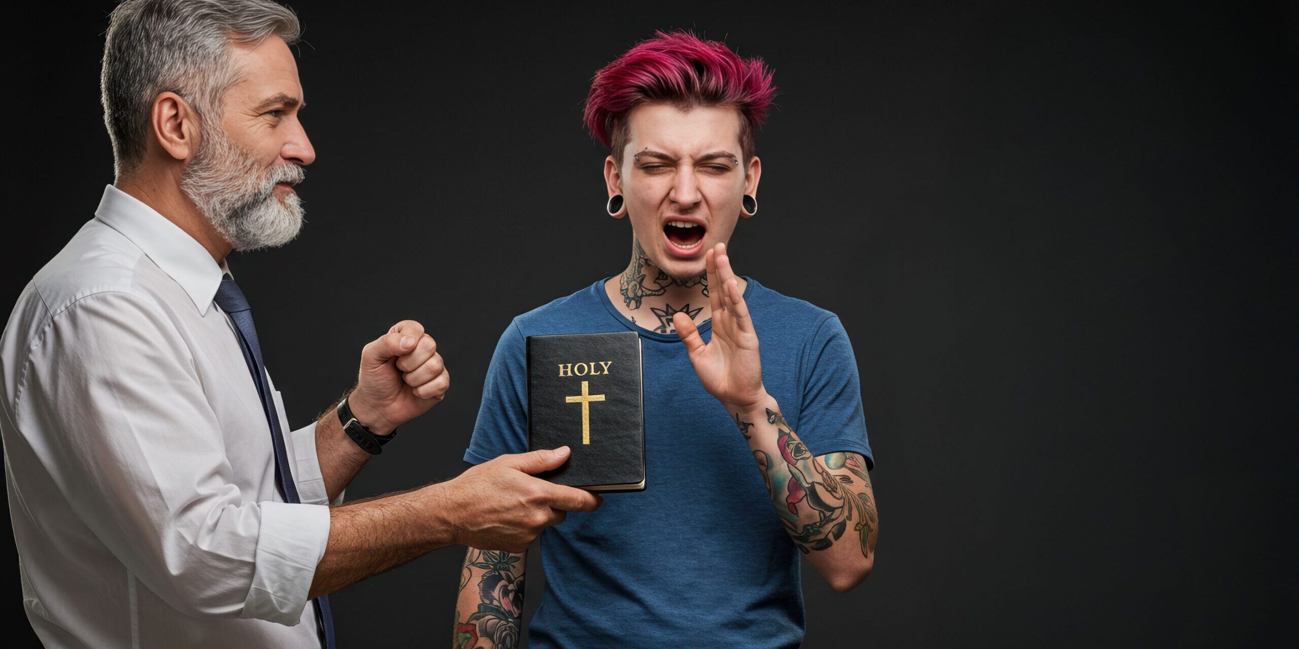 Angry young man with tattoos rejects the Bible from the older wise generation. Christian religious concept of social and spiritual problems of the modern church