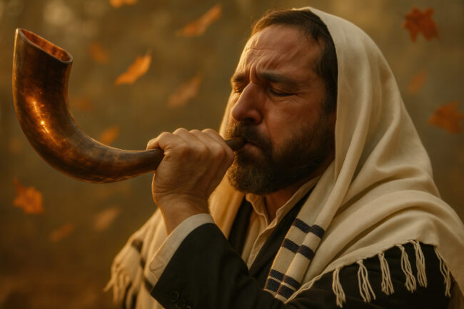 Man blowing shofar in autumn setting with falling leaves