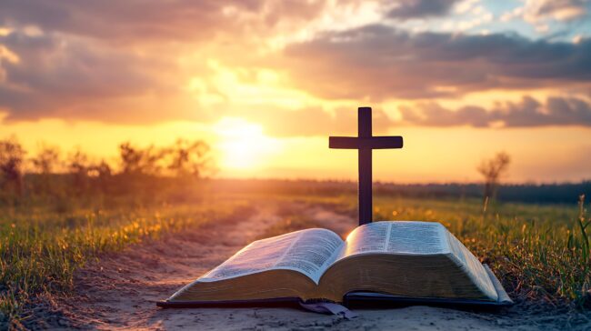 Holy Book and Cross in Sunset Field