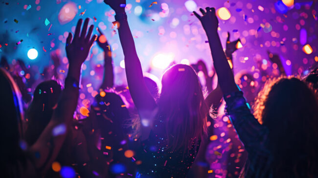Dynamic scene of people dancing and celebrating at a party or club with confetti in the air and colorful lights in the background.