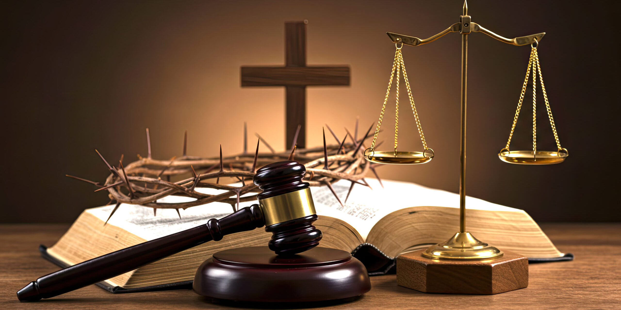 Symbolic representation of justice and faith with a gavel, scales, Bible, and crown of thorns