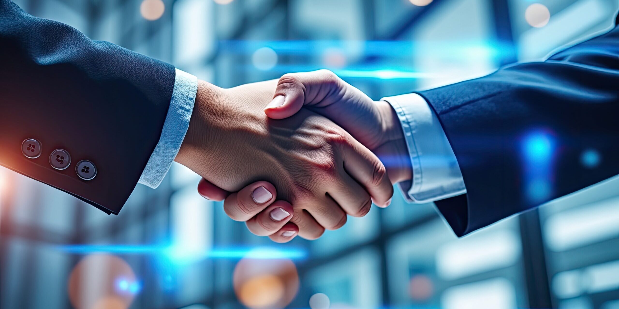 Business partners shaking hands in agreement with blue light effects handshake partnership
