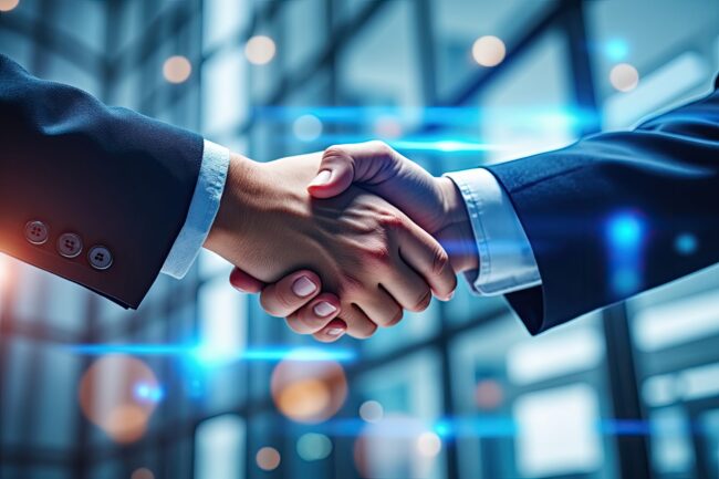 Business partners shaking hands in agreement with blue light effects handshake partnership
